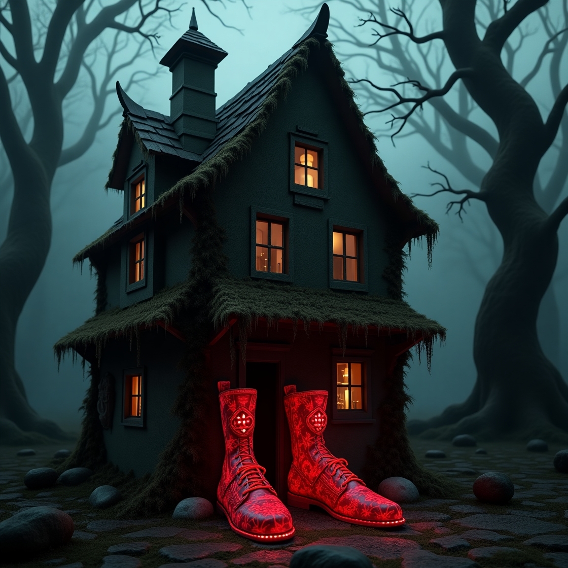 Flux_Dev_A_whimsical_eerie_house_stands_tall_its_exterior_wall_0